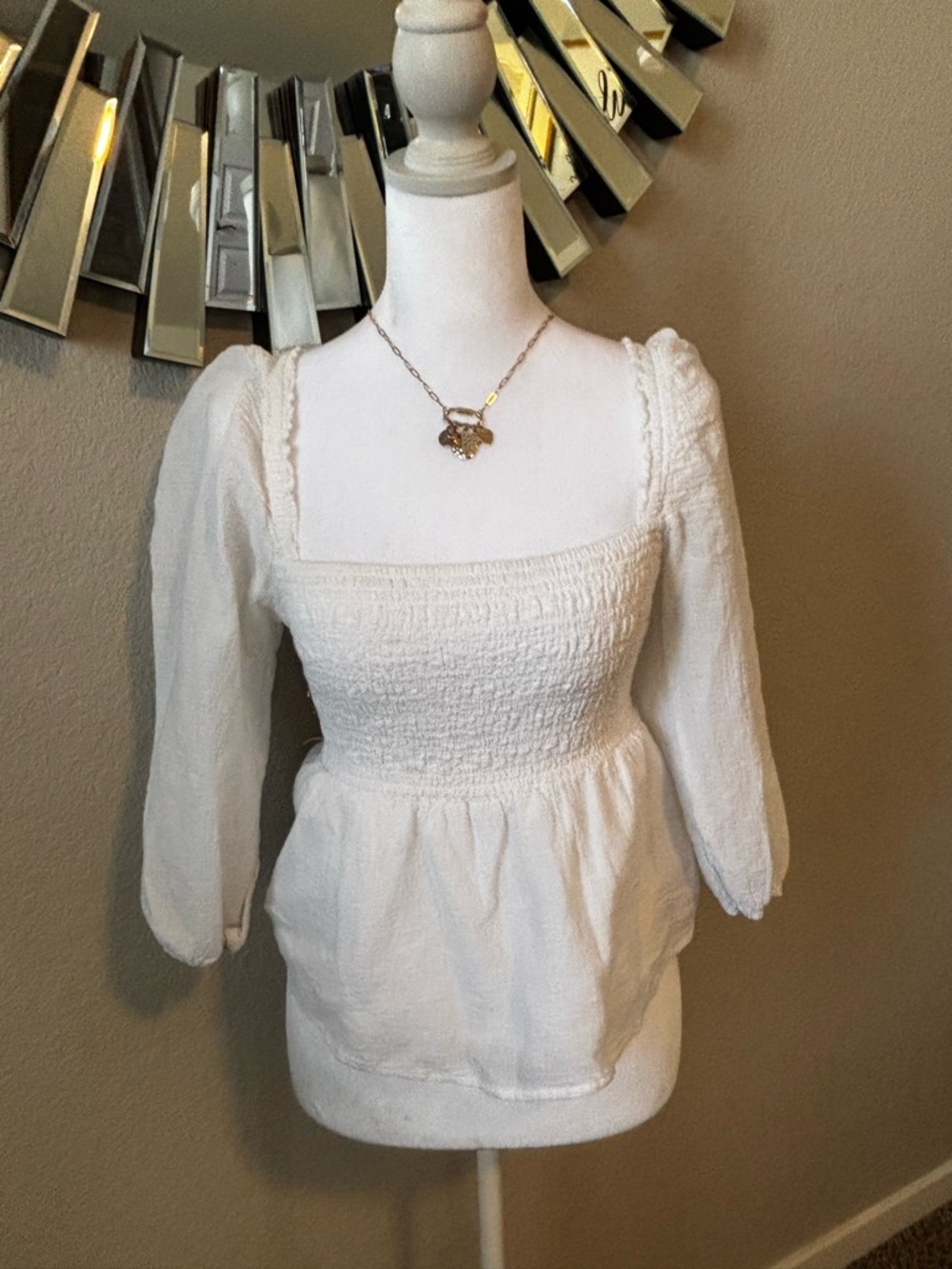 Abercrombie & Fitch Cream Smocked Square-Neck Peplum Blouse